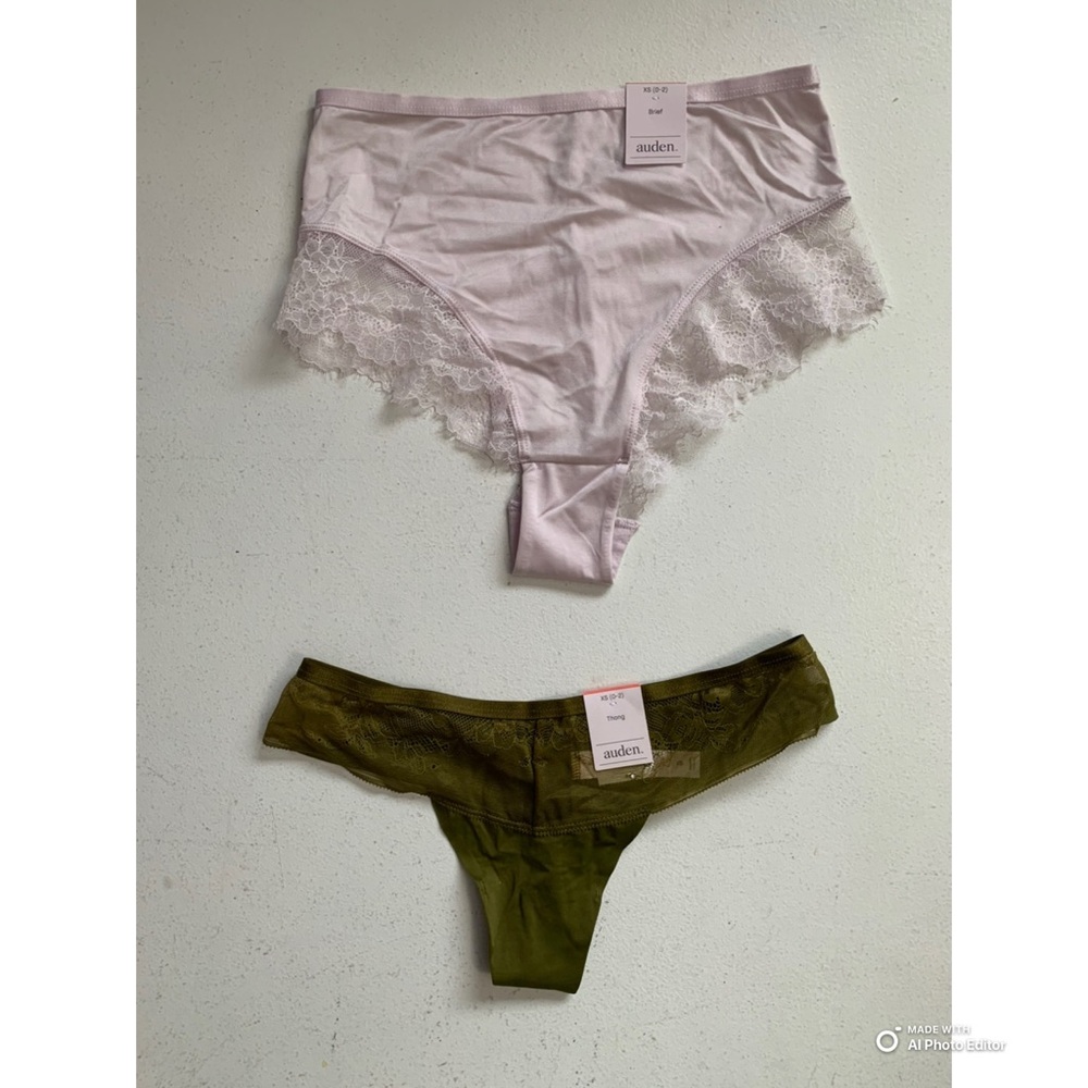 Auden Green Thong Underwear + Purple Lace Trim Brief Panty Size XS (0-2) NWT